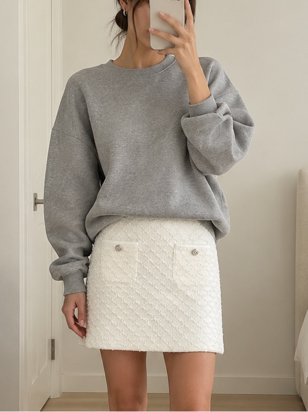 Maje Textured Fuzzy Knit Ecru Mini Skirt Gold Button Pockets FR 38 / M NWT